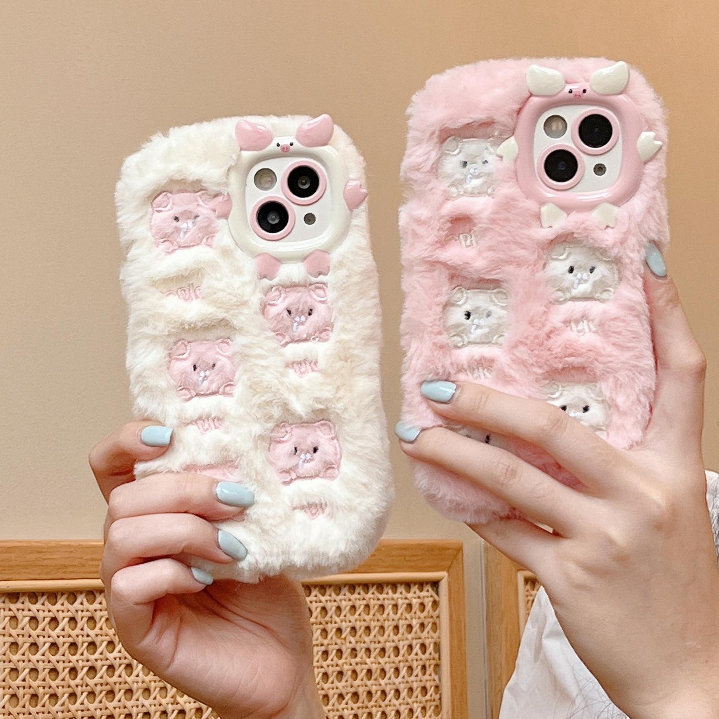 Cute Little Pig Embroidered Plush Protective Cover Compatible for iPhone