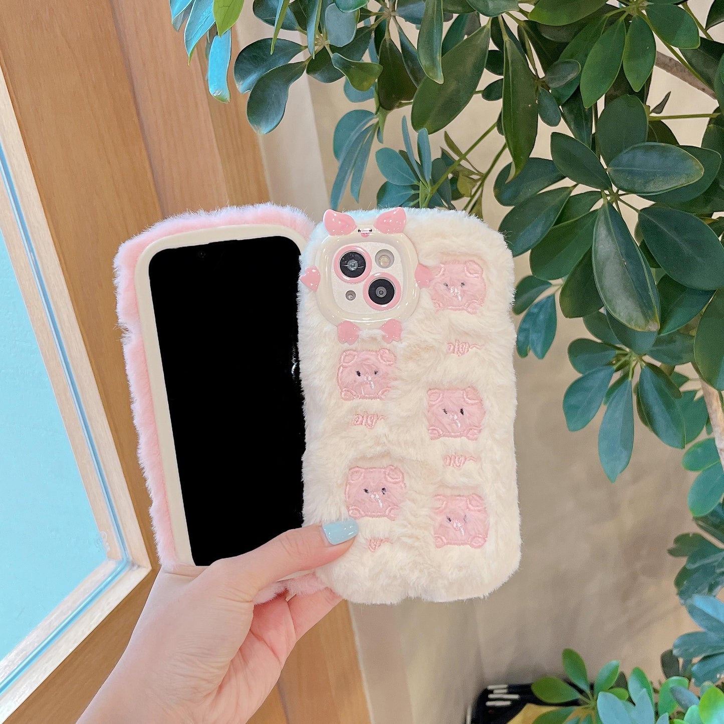 Cute Little Pig Embroidered Plush Protective Cover Compatible for iPhone