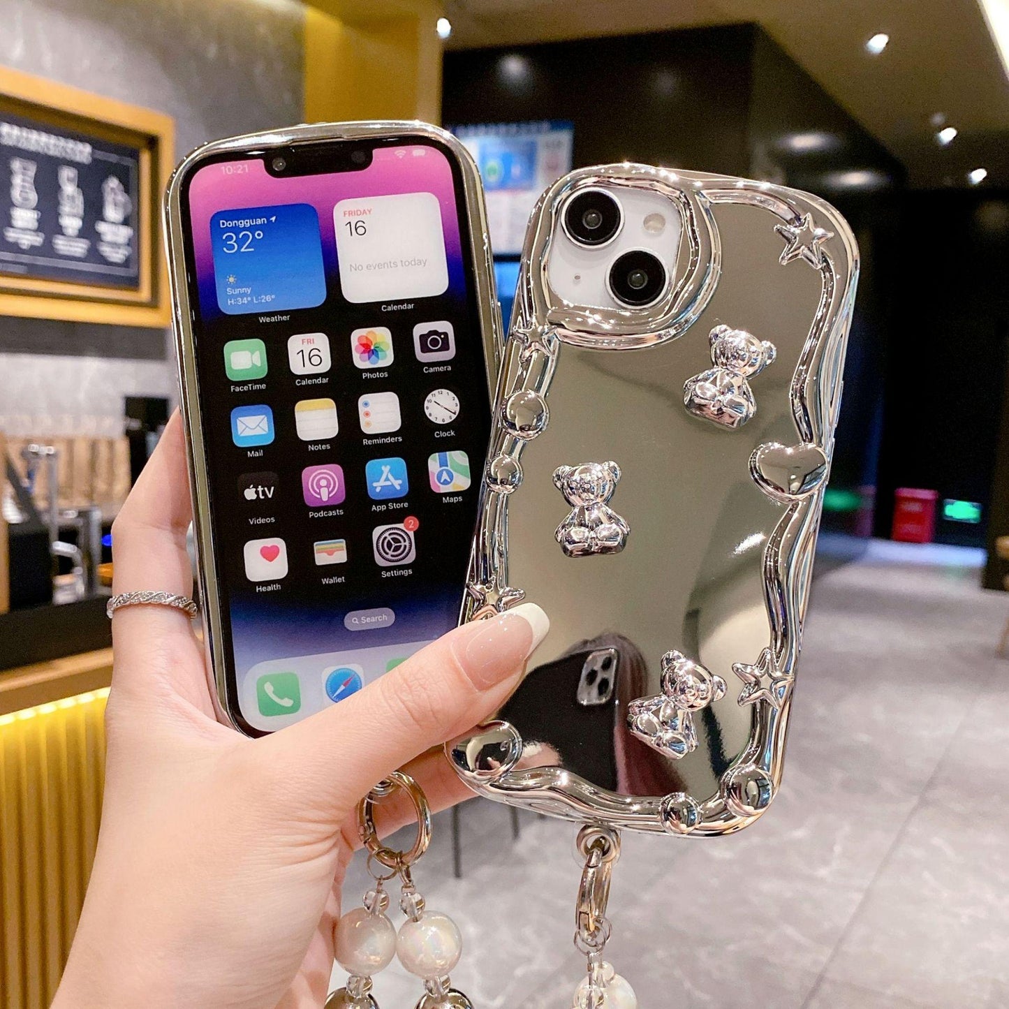 Mirror Bear Phone Case with Bracelet Compatible for iPhone