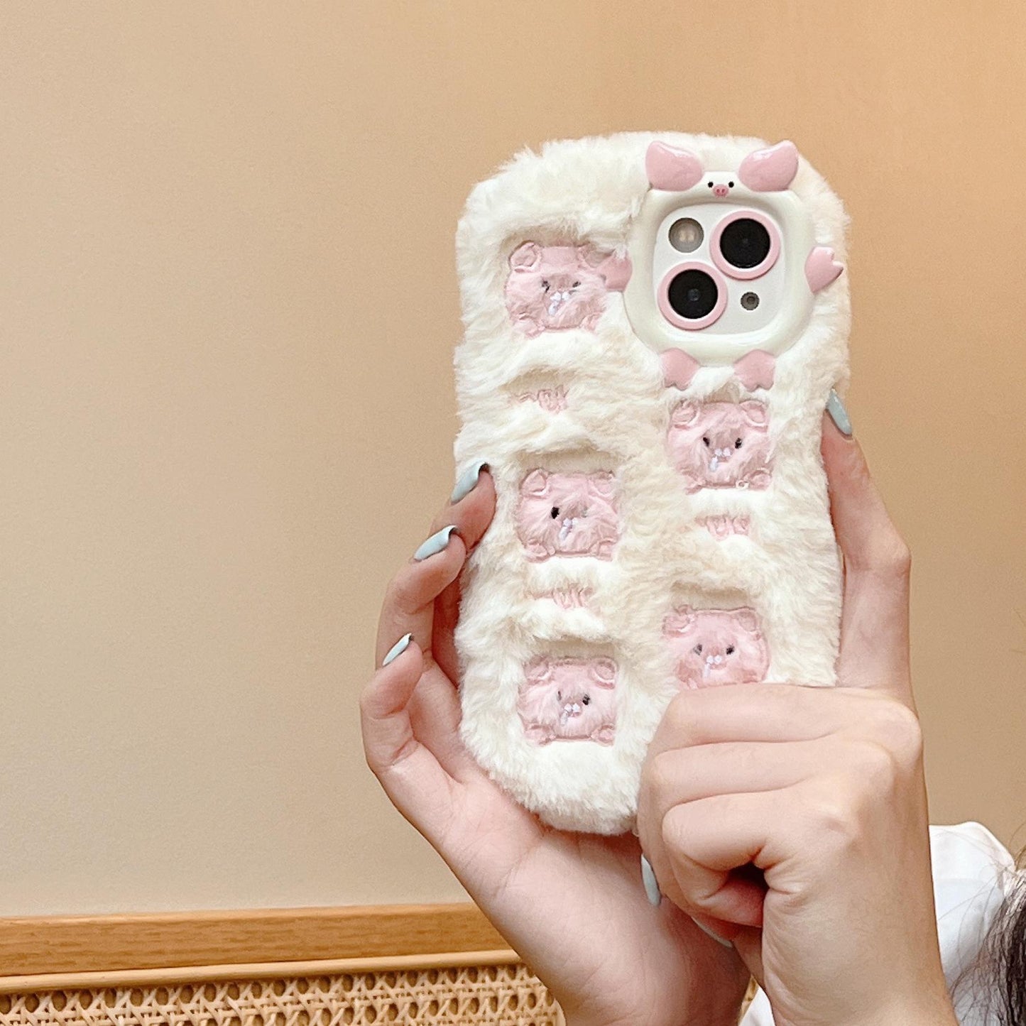 Cute Little Pig Embroidered Plush Protective Cover Compatible for iPhone