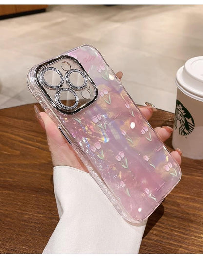 Tulip phone case gradient shell pattern anti drop protective case Compatible for iPhone